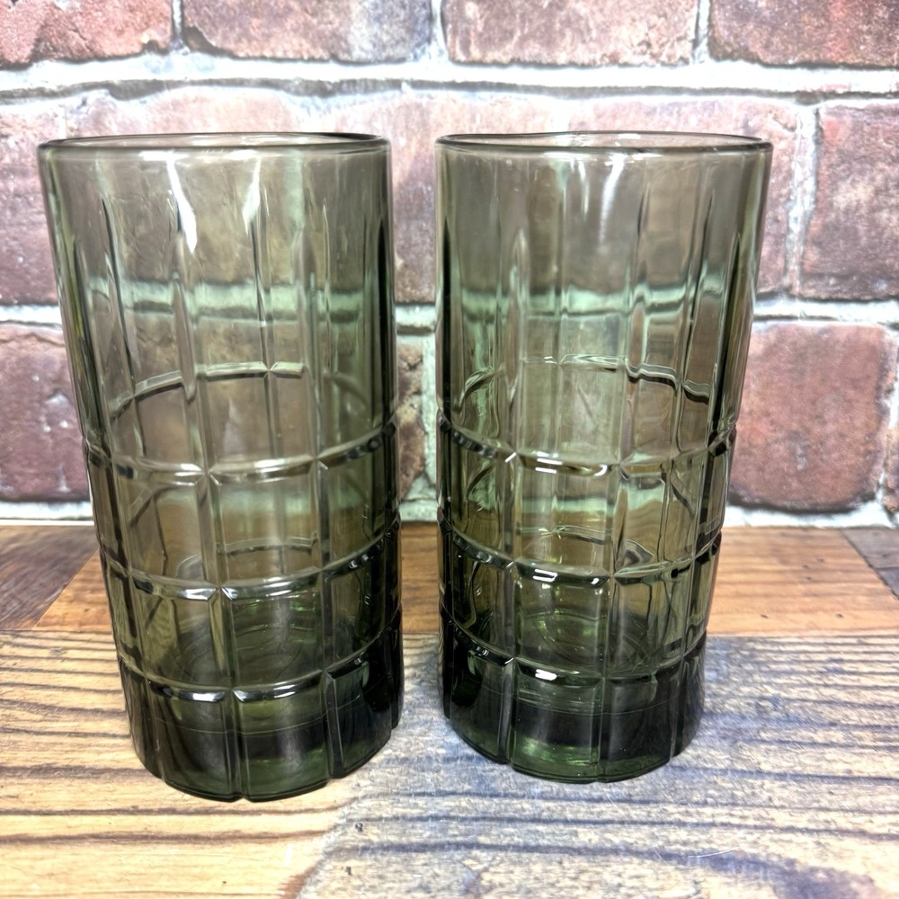 2 Vtg Anchor Hocking Green Glass Manchester Tartan Plaid 12 oz Tumblers Pair MCM